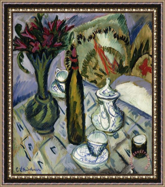 Ernst Ludwig Kirchner Teapot Bottle And Red Flowers Framed Painting