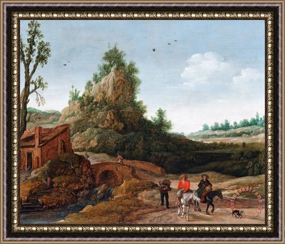 Esaias Van De Velde A Landscape with Travellers Crossing a Bridge Before a Small Dwelling, Horsemen in The Foreground Framed Painting