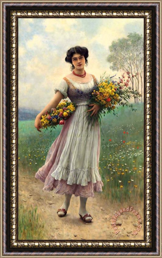 Eugen von Blaas A Maiden Gathering Flowers, 1912 Framed Painting