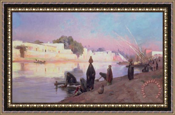 Eugene Alexis Girardet Washerwomen On The Banks Of The Nile Framed Painting