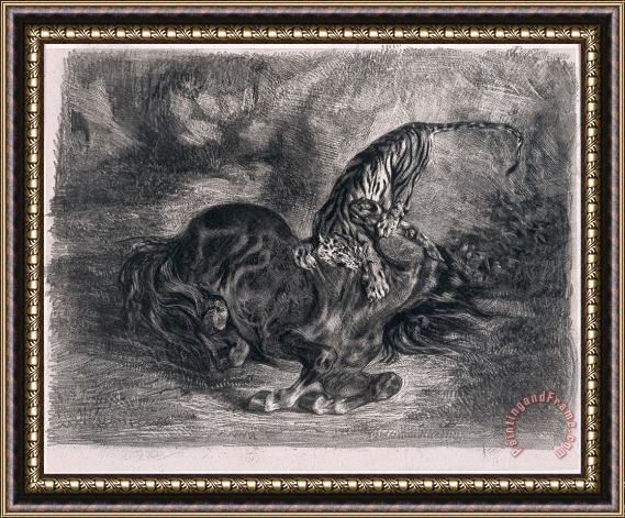 Eugene Delacroix Cheval Sauvage Terrasse Par Un Tigre (wild Horse Felled by a Tiger) Framed Painting