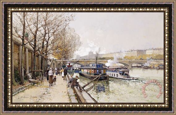 Eugene Galien-Laloue Barges On The Seine Framed Painting