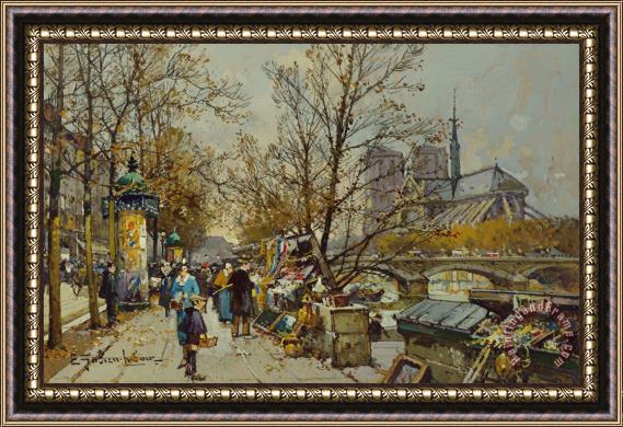 Eugene Galien-Laloue The Rive Gauche Paris With Notre Dame Beyond Framed Painting