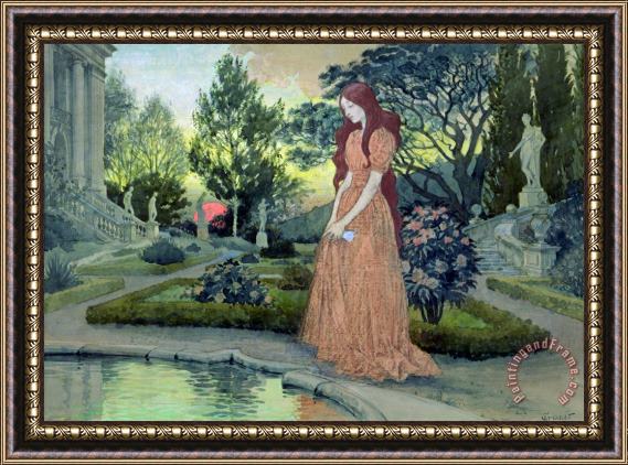 Eugene Grasset Young girl in a garden Framed Painting