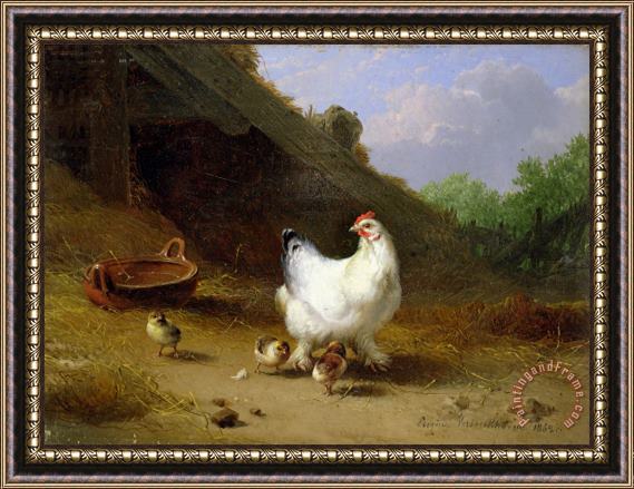 Eugene Joseph Verboeckhoven A hen with her chicks Framed Print