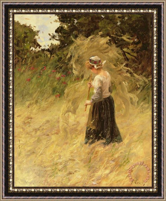 Eugene Leon Labitte A Girl Harvesting Hay Framed Painting