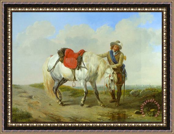 Eugene Verboeckhoven A Cavalier Watering His Mount Framed Painting