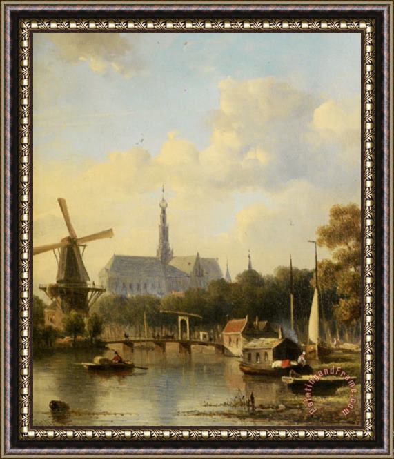 Everhardus Koster A View of Haarlem with St Bavo Cathedral From The River Framed Painting