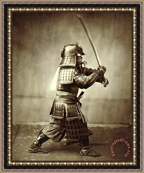F Beato Samurai with raised sword Framed Painting