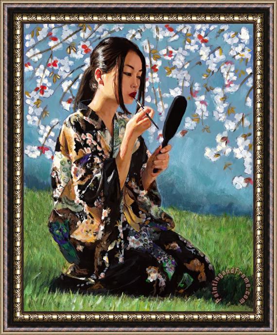 Fabian Perez Geisha with White Flowers II, 2021 Framed Painting