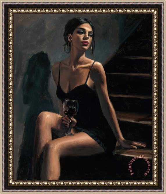 Fabian Perez Girl with Red at Stairs II Framed Painting