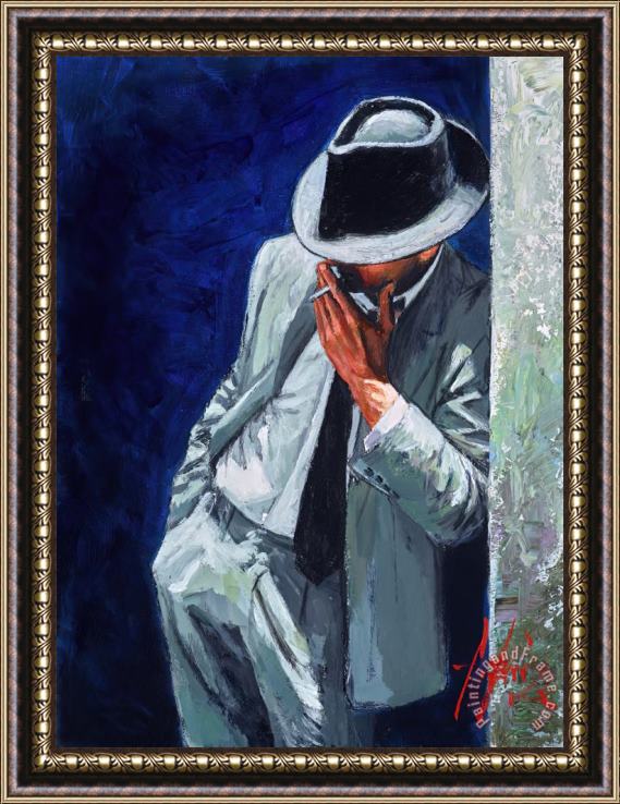 Fabian Perez Smoking Man in White Suit Framed Painting