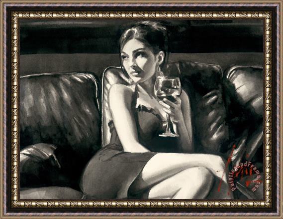 Fabian Perez Tess on Leather Couch with Red Wine Framed Print