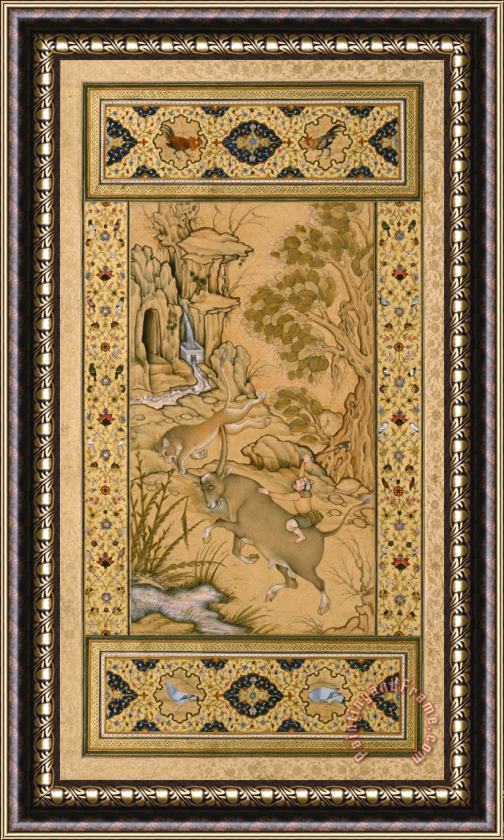 Farrukh Chela Leaf From The Muraqqa Gulshan a Buffalo Fighting a Lioness (recto) Calligraphy (verso) Framed Print