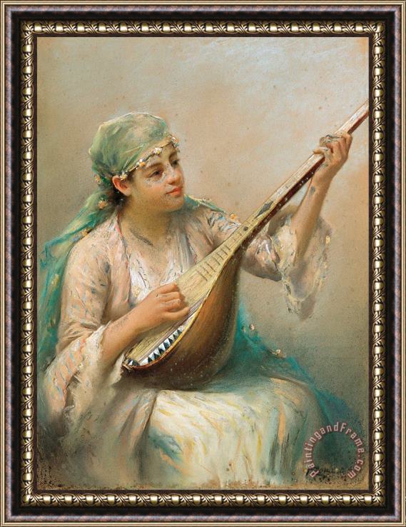 Fausto Zonaro Woman Playing a String Instrument Framed Painting