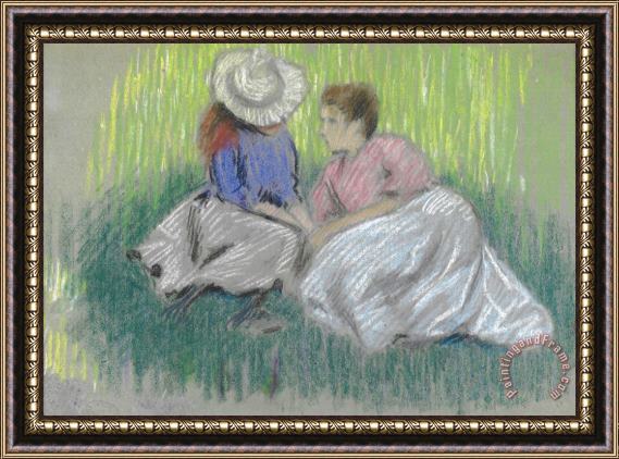 Federico Zandomeneghi Sull'erba (femme Et Fillette Assieses Sur L'herbe) Framed Painting