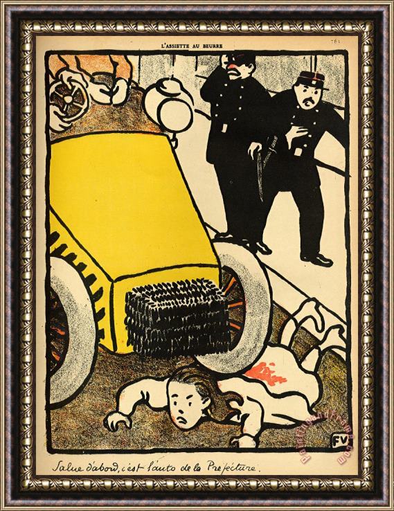 Felix Edouard Vallotton A police car runs over a little girl Framed Print