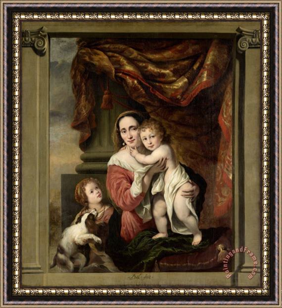 Ferdinand Bol Caritas: Joanna De Geer (1629 1691) with Her Children Cecilia Trip (1660 1728) And Laurens Trip (b. 1662) Framed Painting