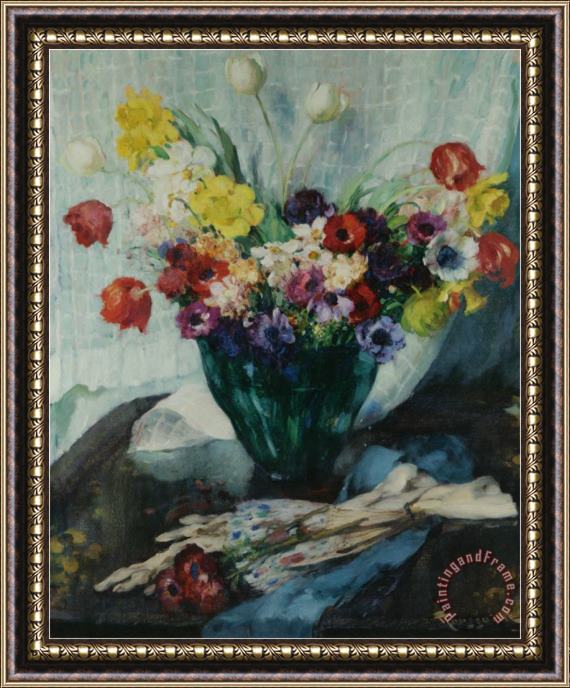 Fernand Toussaint Vase De Fleurs Et Rideau Blanc Framed Print