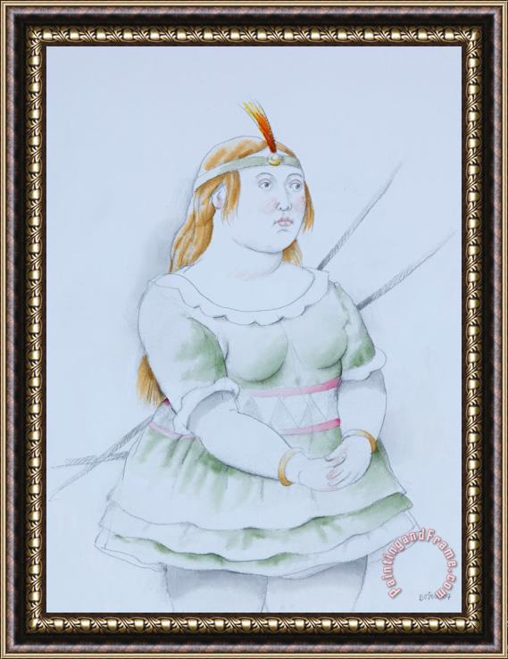 Fernando Botero Dancer with Green Tutu And with an Orange Plumed Headband, 2007 Framed Painting