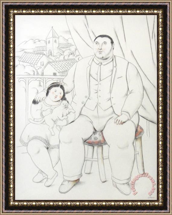 Fernando Botero Man with Little Girl And Cat, 2013 Framed Painting