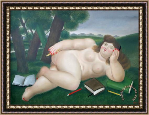 Fernando Botero Reclining Nude with Books And Pencils on Lawn, 1982 Framed Print