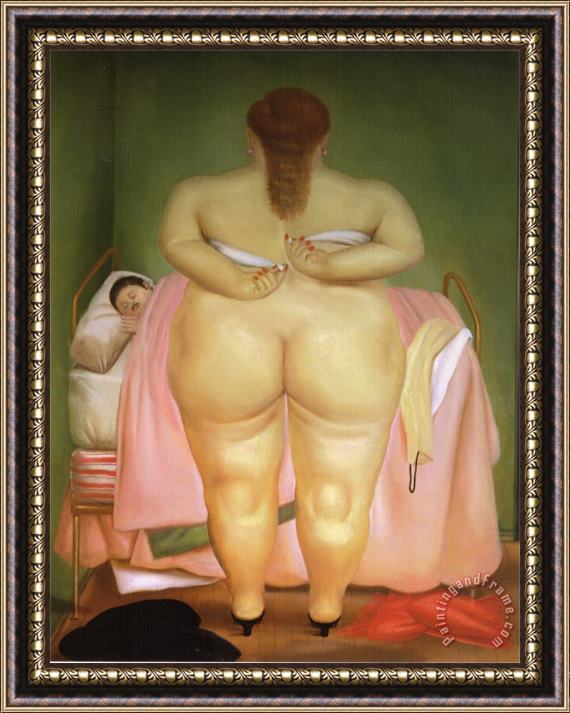 fernando botero Woman Stapling Her Bra Framed Painting