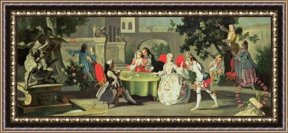 Filippo Falciatore An Ornamental Garden with Elegant Figures Seated Around a Card Table Framed Painting