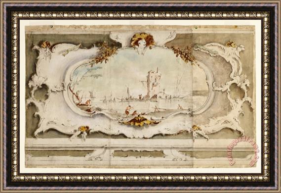 Francesco Guardi Decorative Cartouche with a Landscape Framed Print