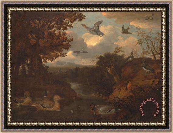 Francis Barlow Ducks And Other Birds About a Stream in an Italianate Landscape Framed Painting