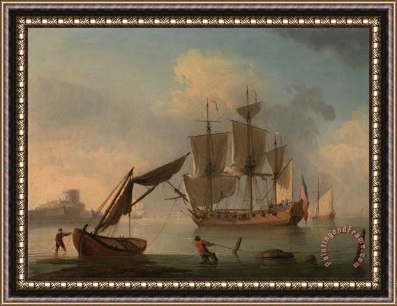 Francis Swaine An English Sloop Becalmed Near The Shore Framed Painting