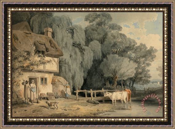 Francis Wheatley Country Scene Figures by a Cottage Door And Cattle in a Stream Framed Print