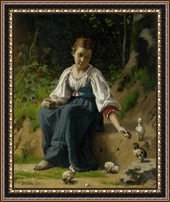 Baby, Bye Bye Framed Paintings - Young Girl Feeding The Baby Chicks by Francois Alfred Delobbe