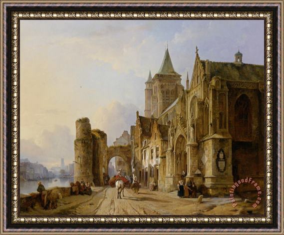 Francois Antoine Bossuet Figures in The Streets of a Riverside Town Framed Painting