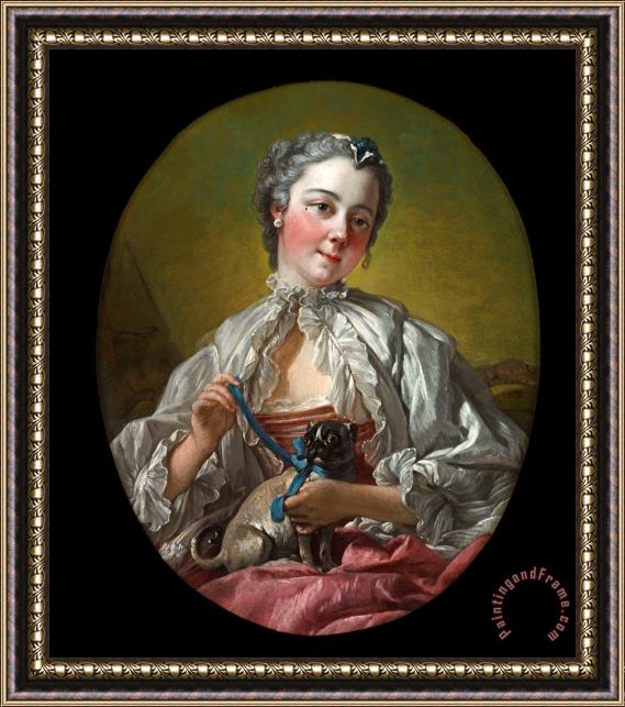 Francois Boucher A Young Lady Holding a Pug Dog Framed Print