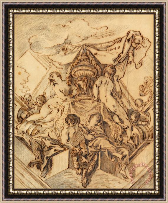 Francois Boucher Project for a Corner Motif of a Painted Ceiling Framed Painting