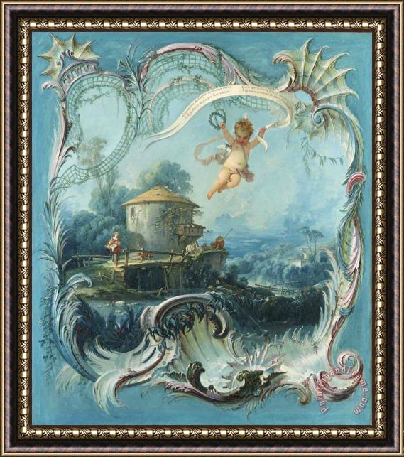 Francois Boucher The Enchanted Home a Pastoral Landscape Surmounted by Cupid Framed Print