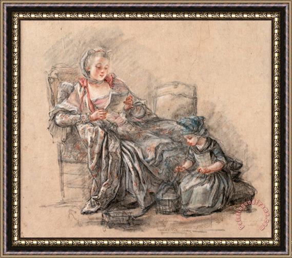 Francois Guerin Woman Reading And a Girl Playing (presumably The Marquise De Pompadour with Her Daughter Alexandrine), 1748 Framed Painting