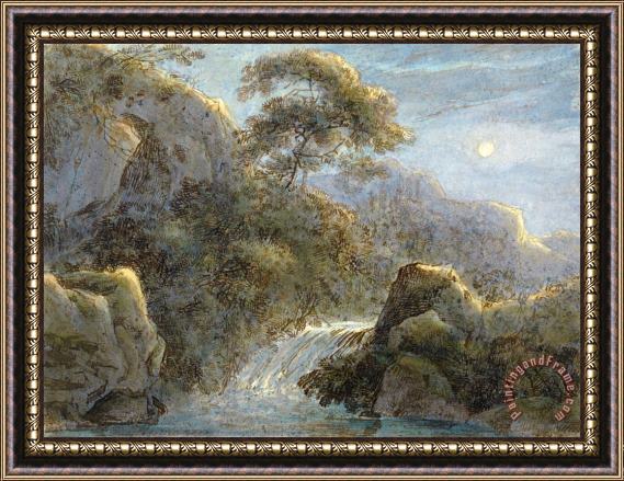 Franz Innocenz Kobell Waterfall in The Mountains by Moonlight Framed Print