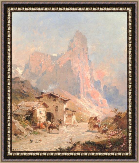 Franz Richard Unterberger Figures in a Village in The Dolomites Framed Painting