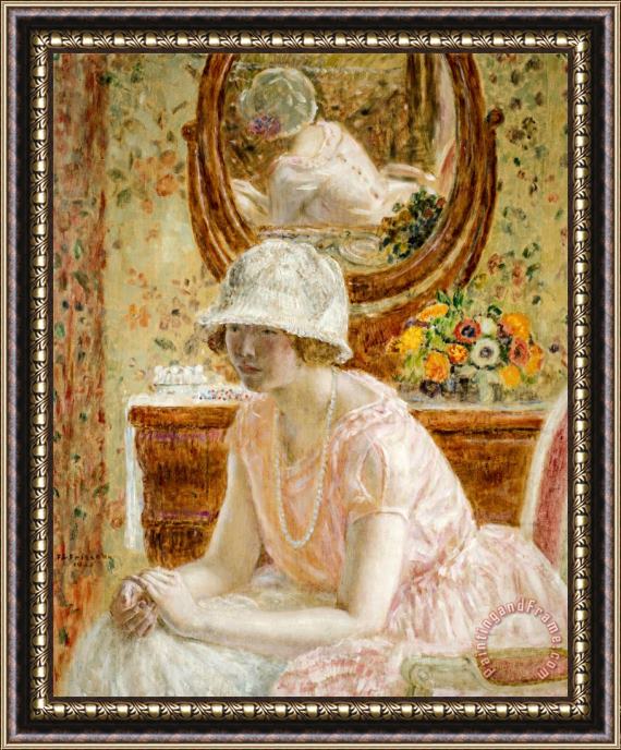 Frederick Carl Frieseke Young Girl Before a Mirror in a Pink Dress Framed Painting