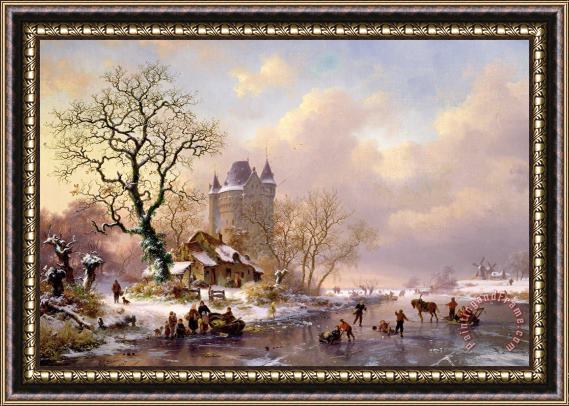 Frederick Marianus Kruseman Winter Landscape with Castle Framed Painting
