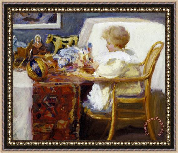 Frederick William Mac Monnies Baby Berthe in a High Chair with Toys Framed Painting
