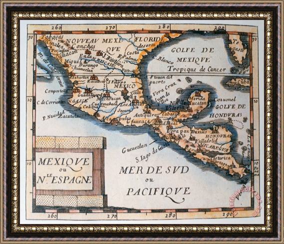 French School Antique Map of Mexico or New Spain Framed Painting