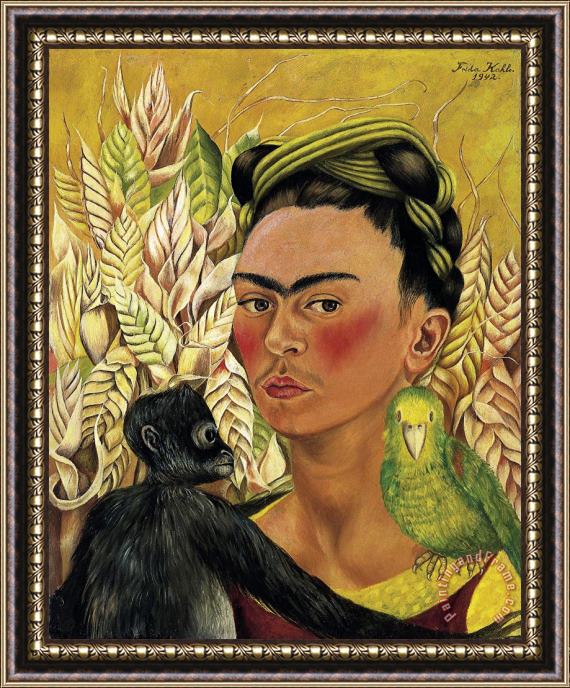Frida Kahlo Autorretrato Con Chango Y Loro (self Portrait with Monkey And Parrot) Framed Print