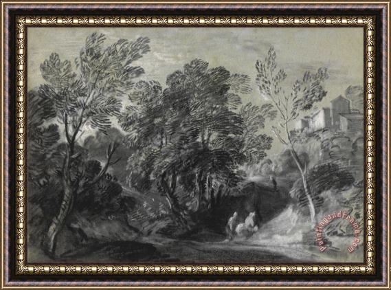 Gainsborough, Thomas Wooded Landscape with Figures And Houses on The Hill Framed Painting