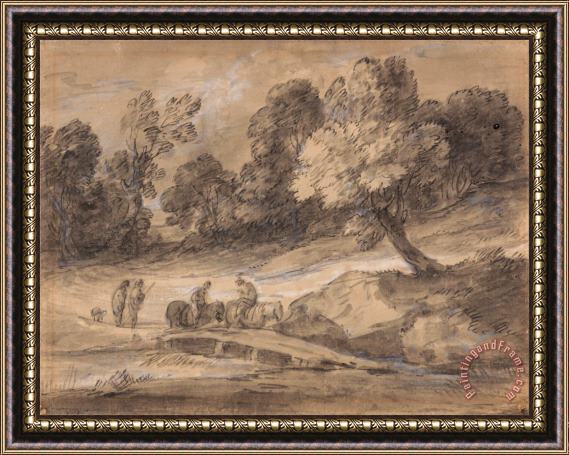 Gainsborough, Thomas Wooded Landscape with Figures on Horseback Crossing a Bridge Framed Print