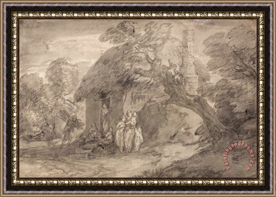 Gainsborough, Thomas Wooded Landscape with Figures Outside a Cottage Door Framed Painting