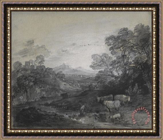 Gainsborough, Thomas Wooded Landscape with Herdsmen And Cattle, Buildings on a Hill, And Rustic Lovers Framed Print