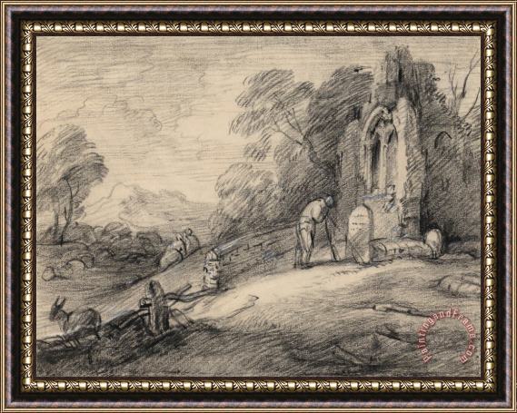 Gainsborough, Thomas Wooded Landscape with Peasant Reading an Inscription on a Tombstone Beside a Ruined Church, Figures,... Framed Painting